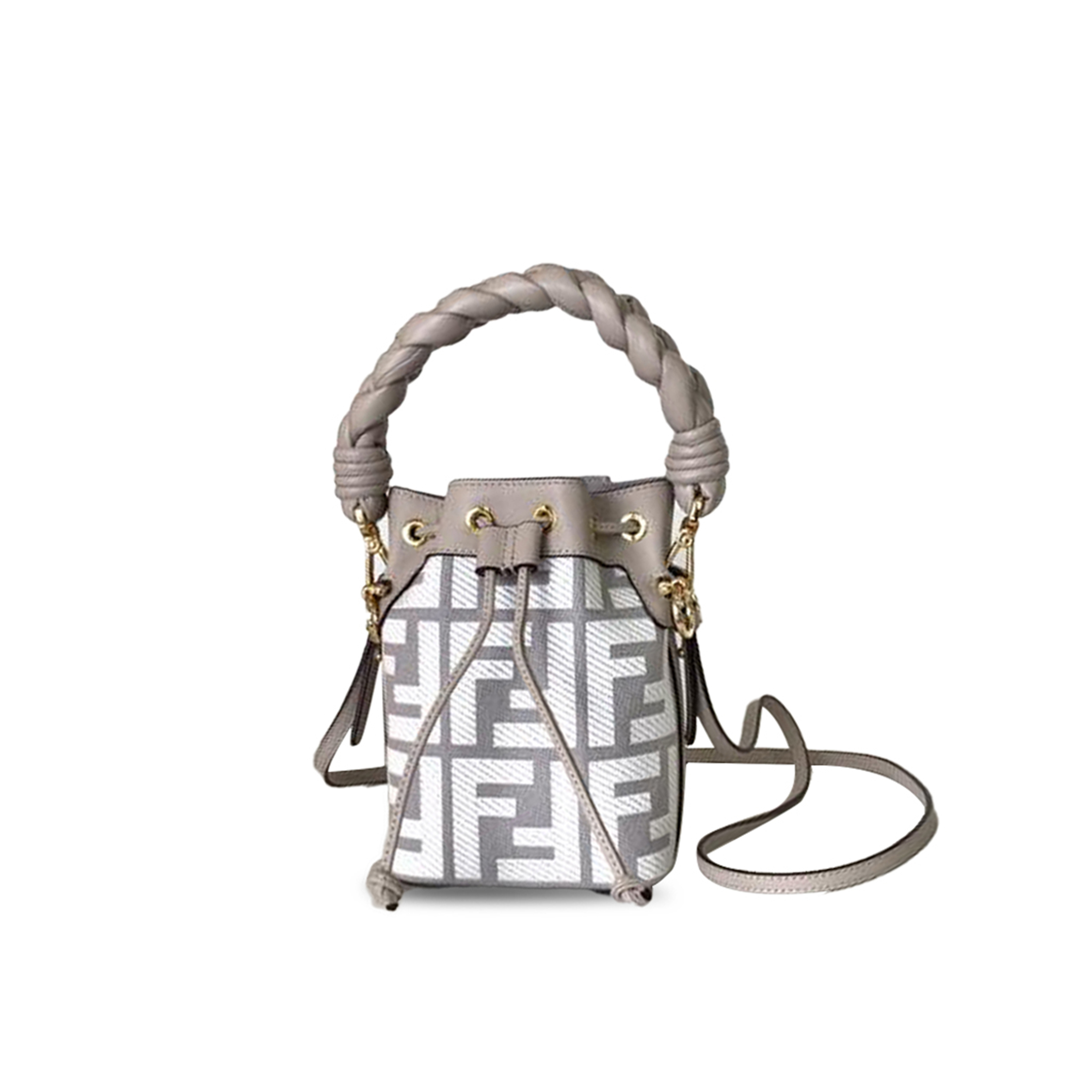FENDI EMBROIDERED FABRIC AND LEATHER MINI MON TRESOR BUCKET BAG (18*12*10cm)